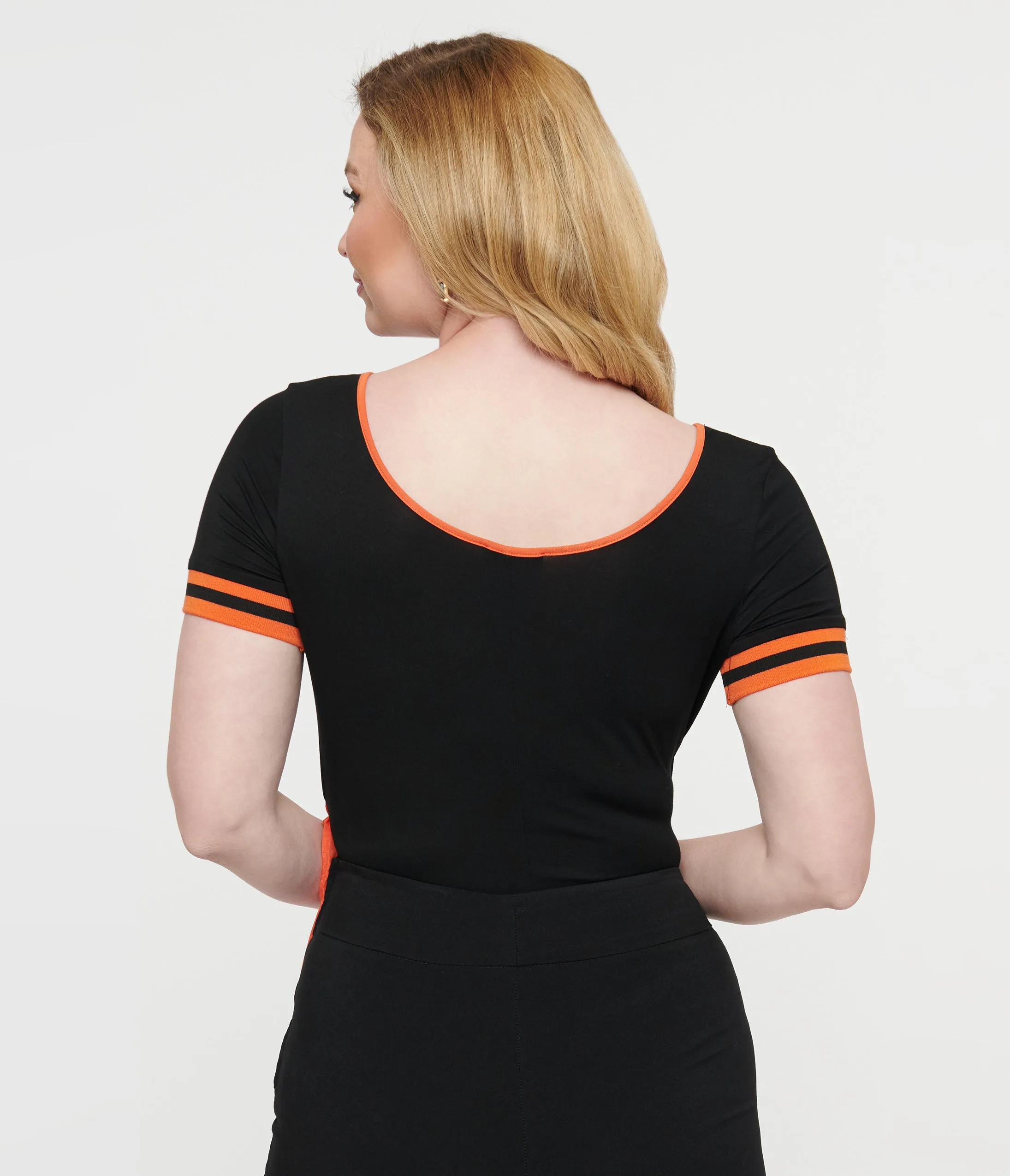 Unique Vintage 1970s Black & Orange Pumpkin Surplice Bodysuit
