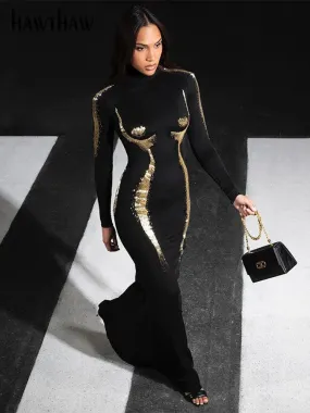 Uniwim聽Women 2024 Autumn Winter Fashion Long Sleeve Party Club Streetwear Bodycon Black Long Dress Wholesale Items For Business