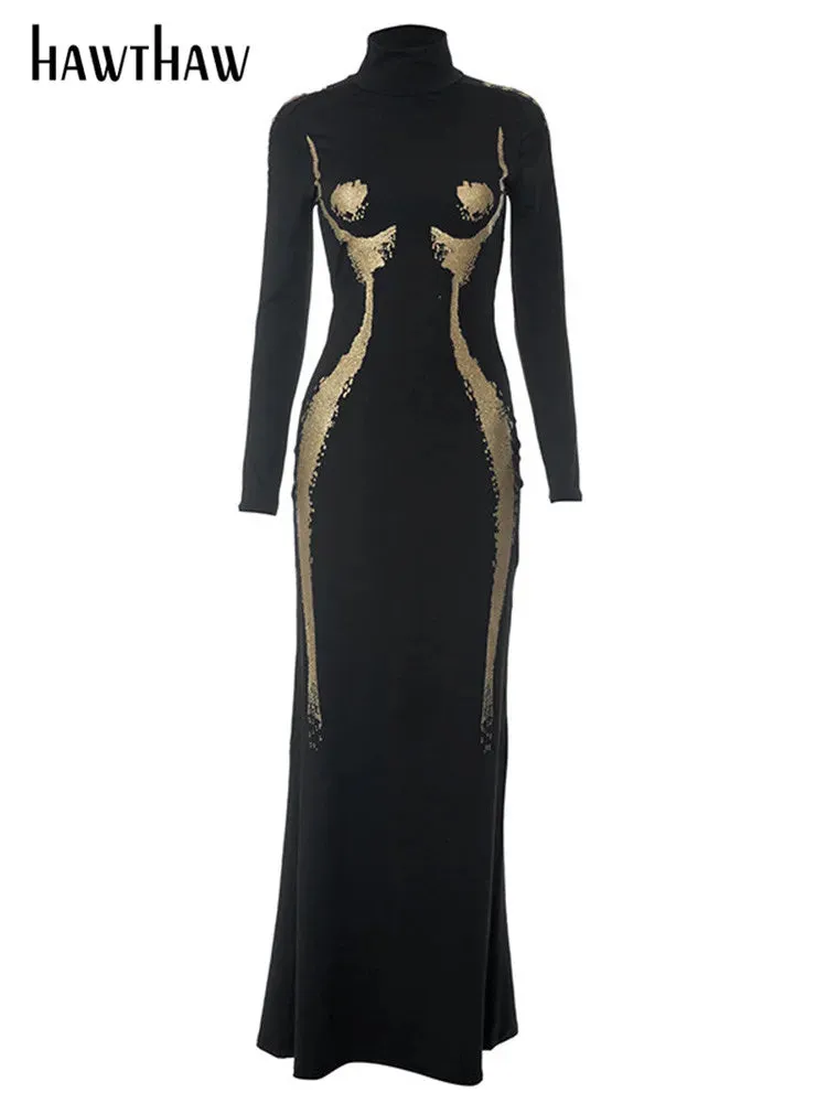 Uniwim聽Women 2024 Autumn Winter Fashion Long Sleeve Party Club Streetwear Bodycon Black Long Dress Wholesale Items For Business