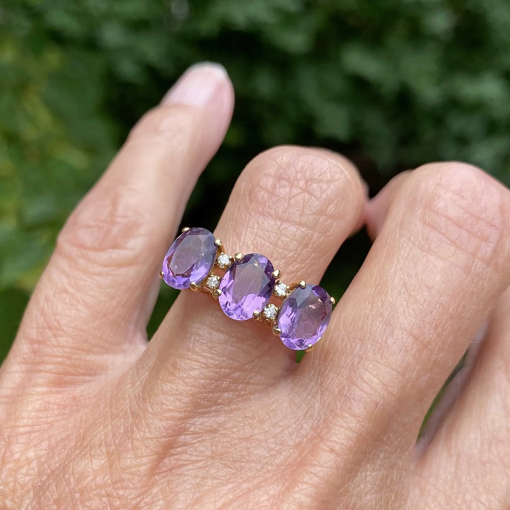 Vintage Diamond 14K Gold Three Stone Amethyst Ring