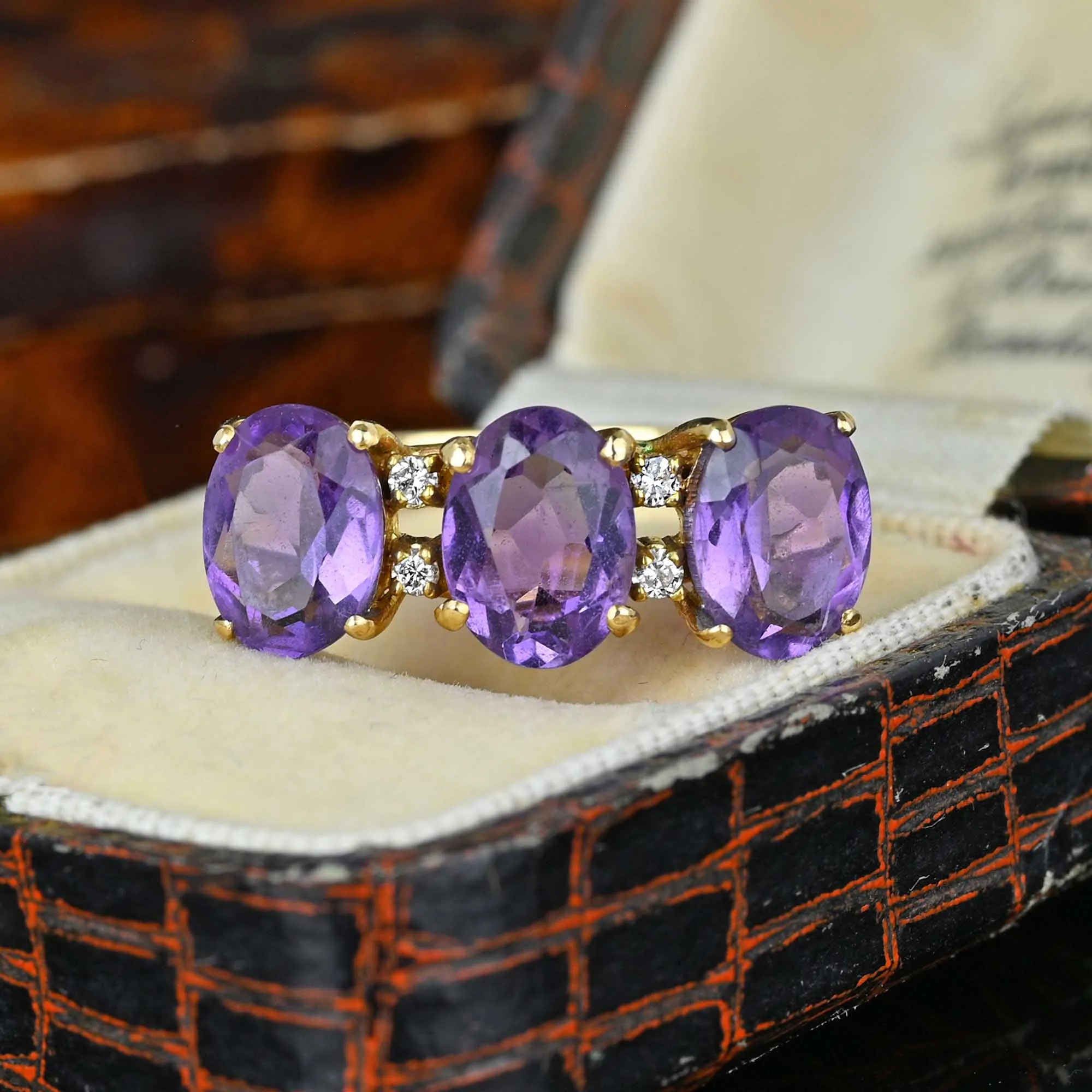Vintage Diamond 14K Gold Three Stone Amethyst Ring