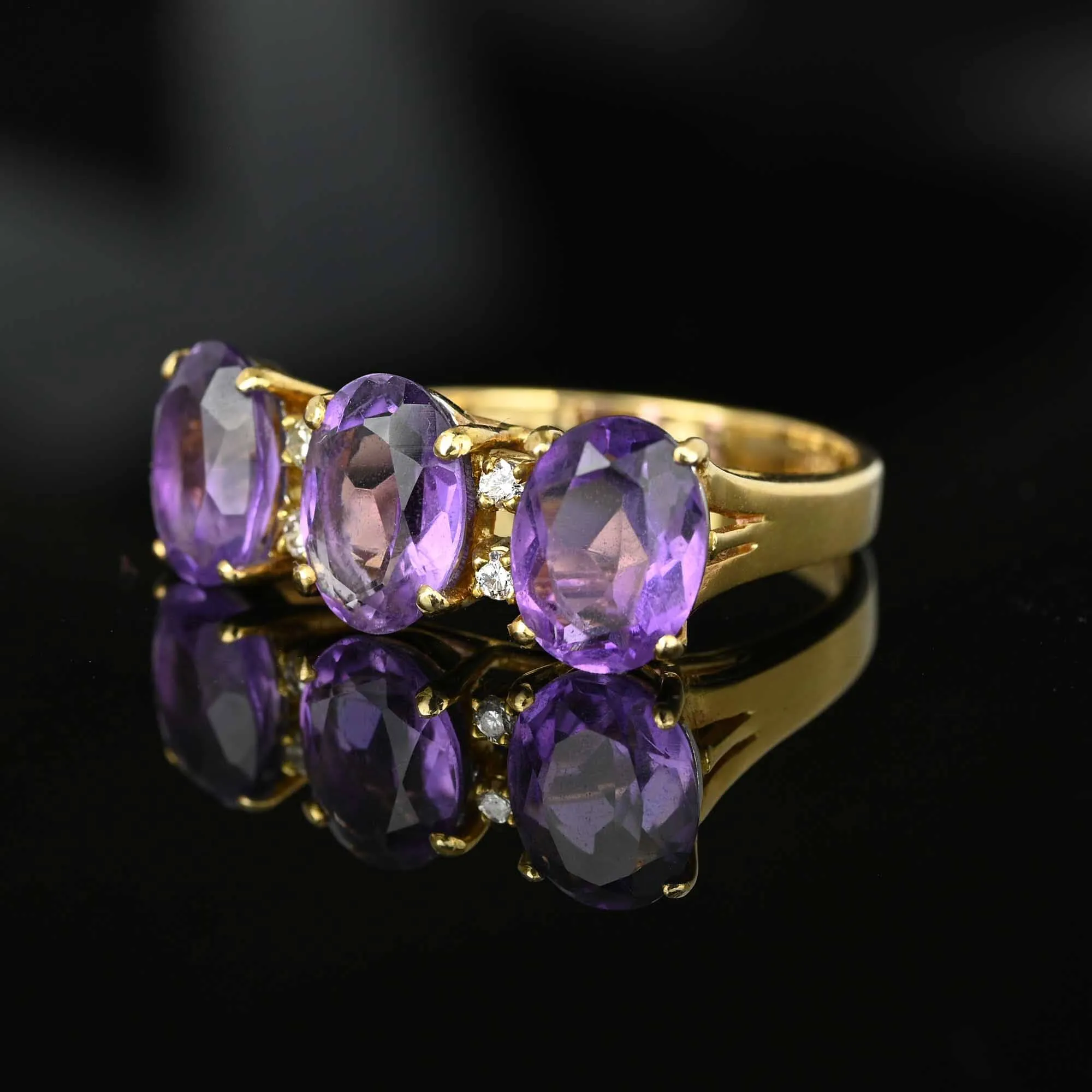 Vintage Diamond 14K Gold Three Stone Amethyst Ring