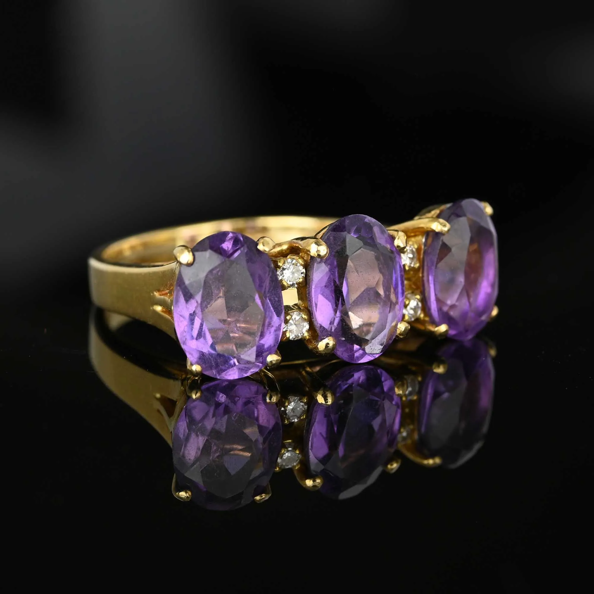 Vintage Diamond 14K Gold Three Stone Amethyst Ring