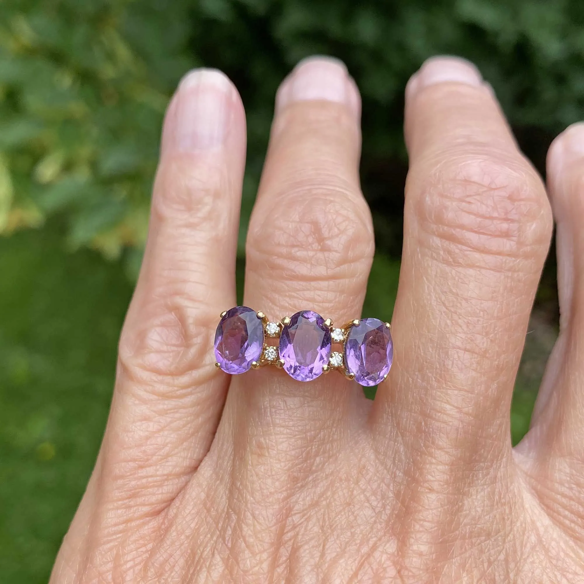 Vintage Diamond 14K Gold Three Stone Amethyst Ring