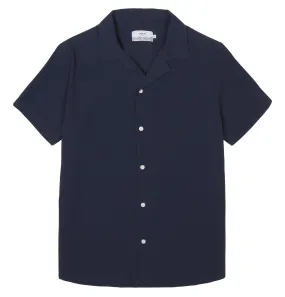 Wax London Didcot Short Sleeve Shirt – Navy Horiztonal Seersucker
