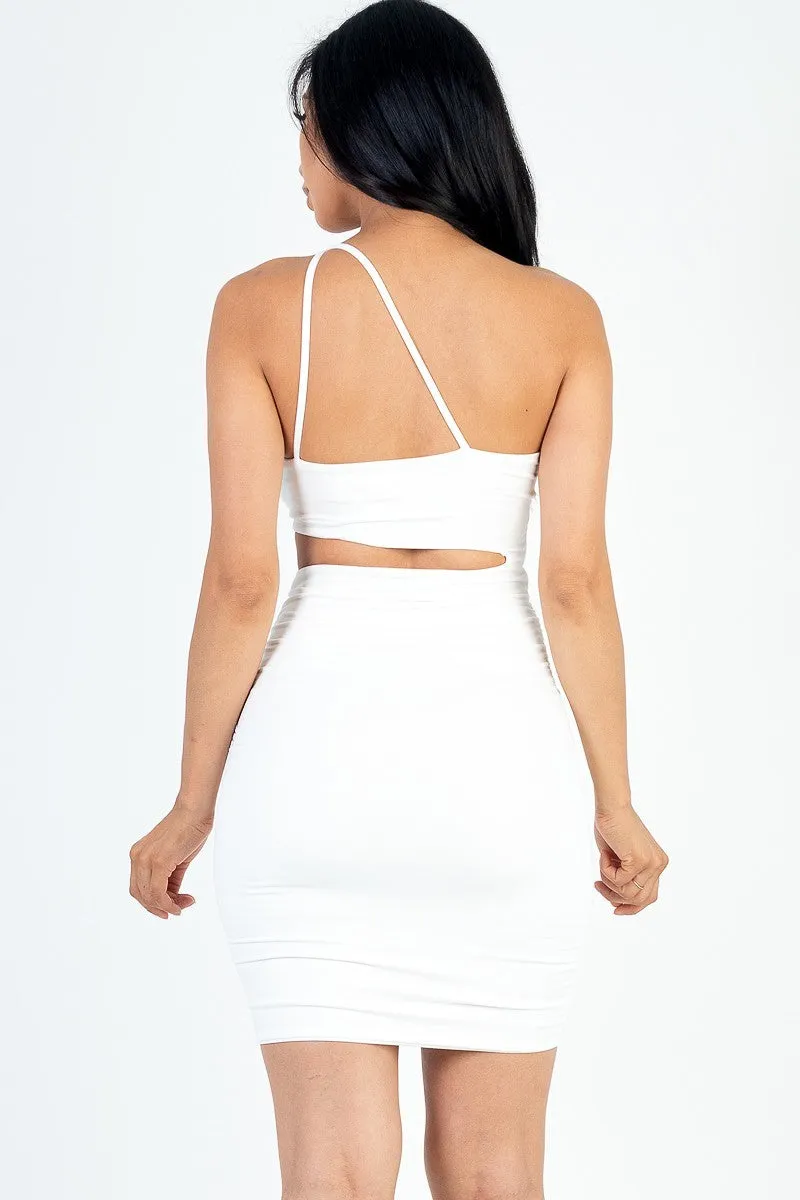 White One Shoulder Cut-Out Front Ruched Bodycon Mini Dress