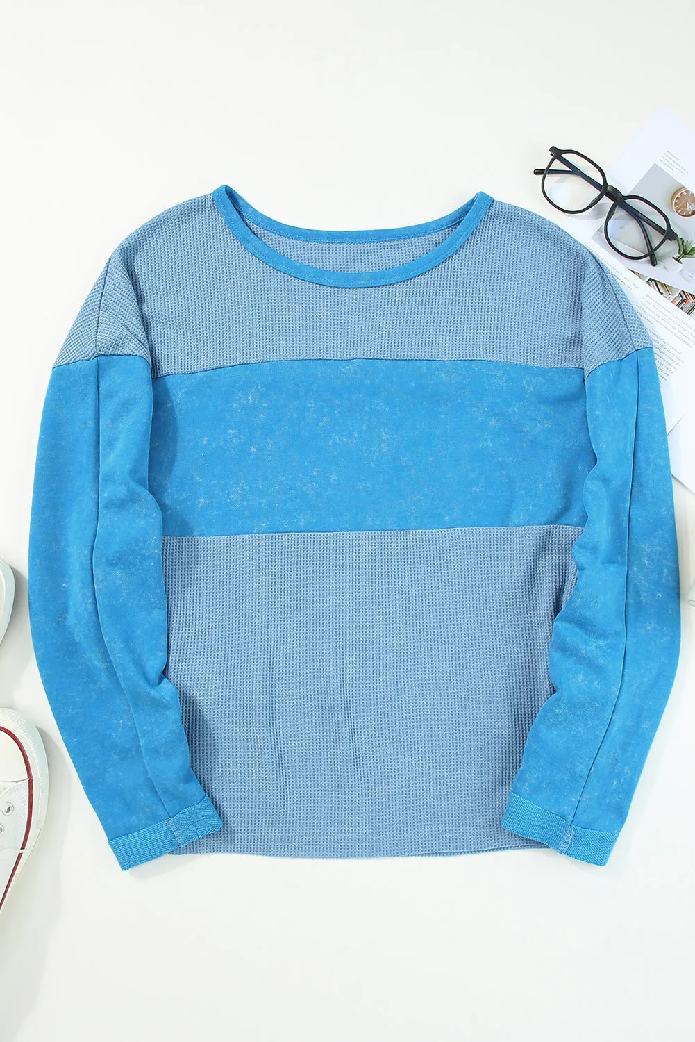 Wholesale Sky Blue Plus Size Waffle Knit and Washed Patchwork Drop Shoulder Top