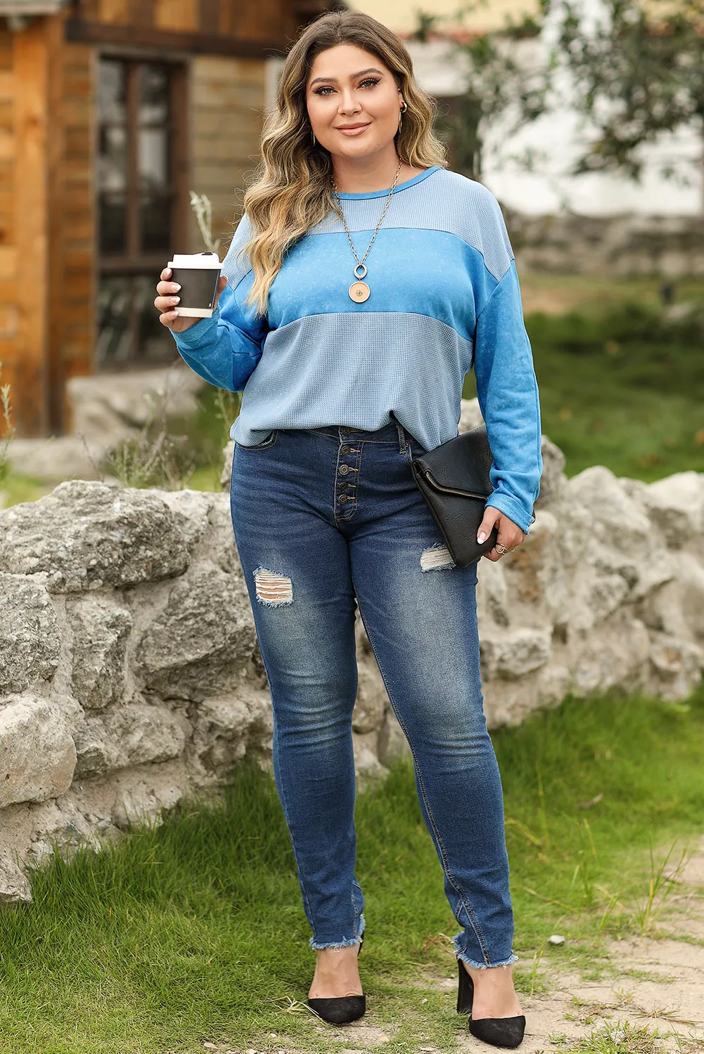 Wholesale Sky Blue Plus Size Waffle Knit and Washed Patchwork Drop Shoulder Top