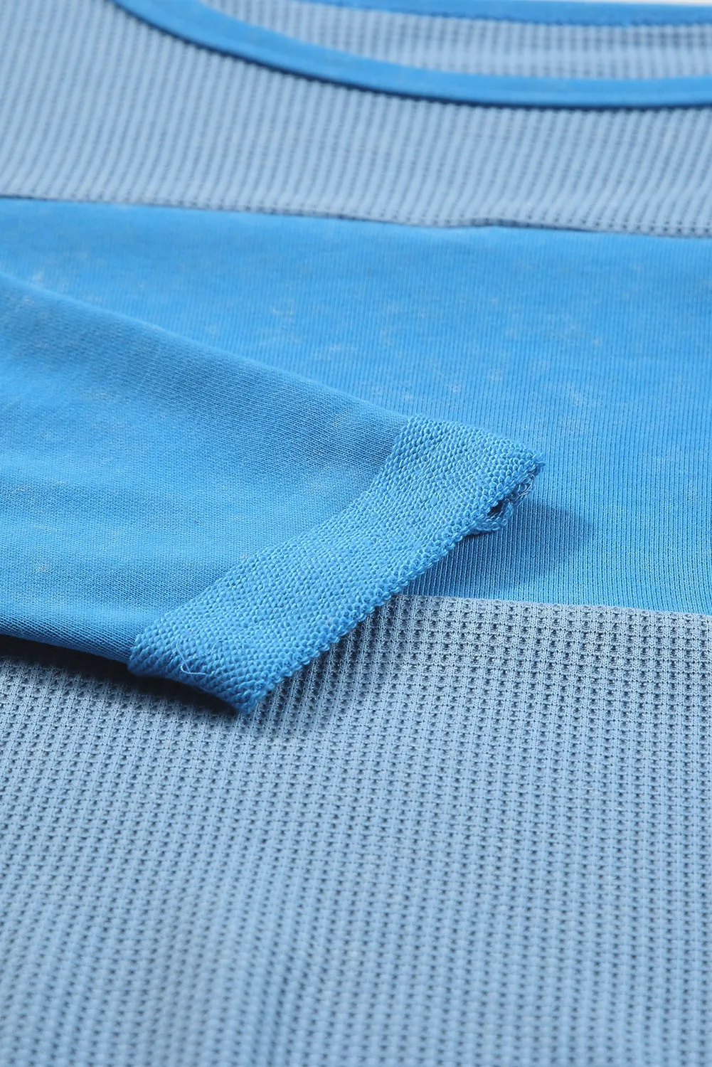 Wholesale Sky Blue Plus Size Waffle Knit and Washed Patchwork Drop Shoulder Top