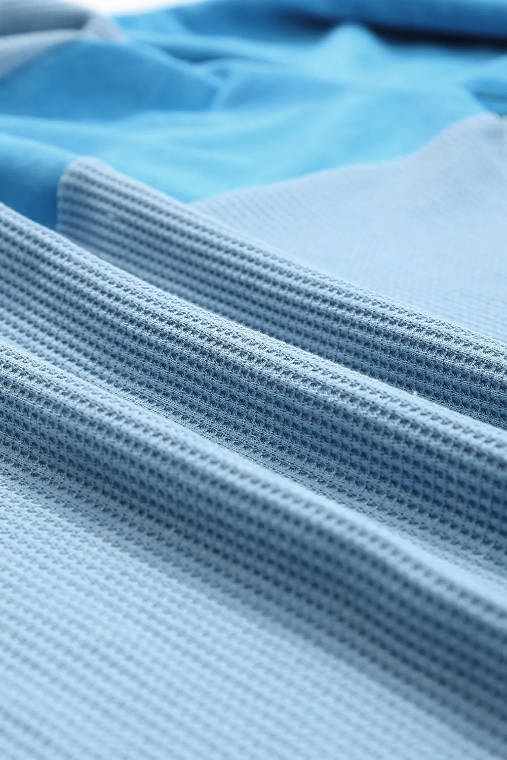 Wholesale Sky Blue Plus Size Waffle Knit and Washed Patchwork Drop Shoulder Top
