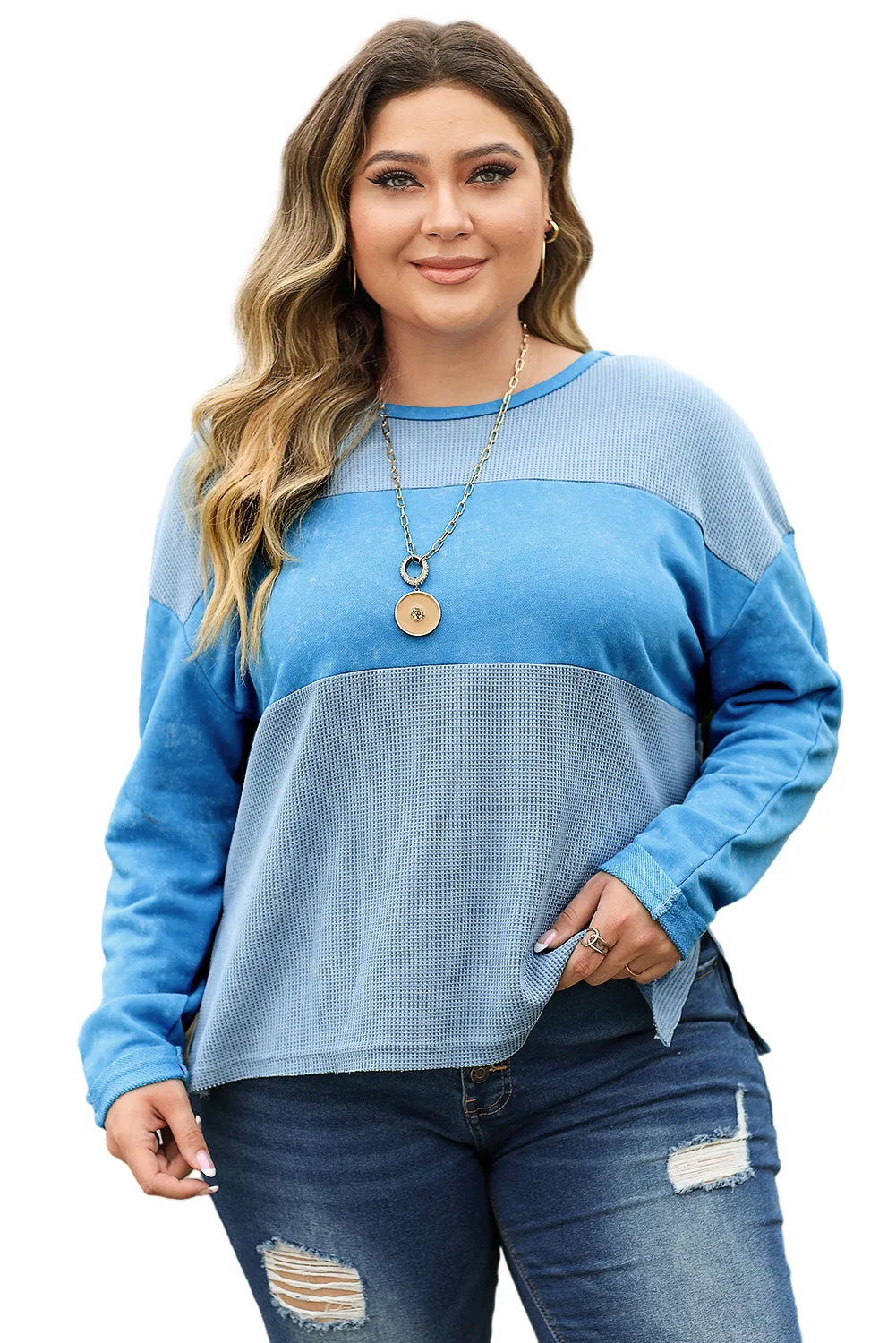 Wholesale Sky Blue Plus Size Waffle Knit and Washed Patchwork Drop Shoulder Top