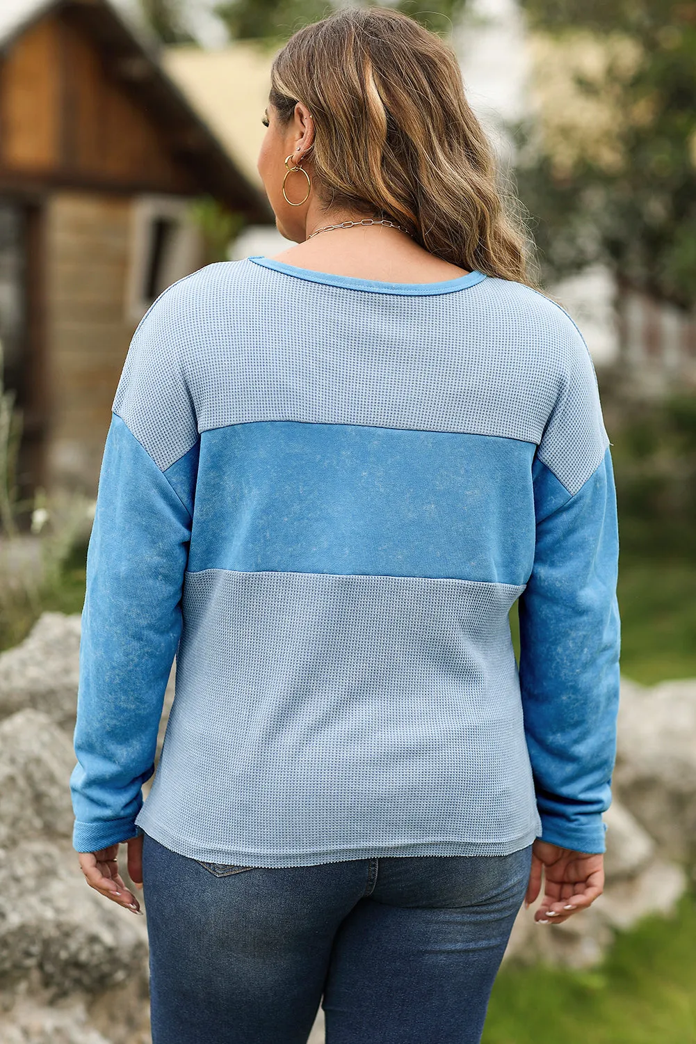 Wholesale Sky Blue Plus Size Waffle Knit and Washed Patchwork Drop Shoulder Top