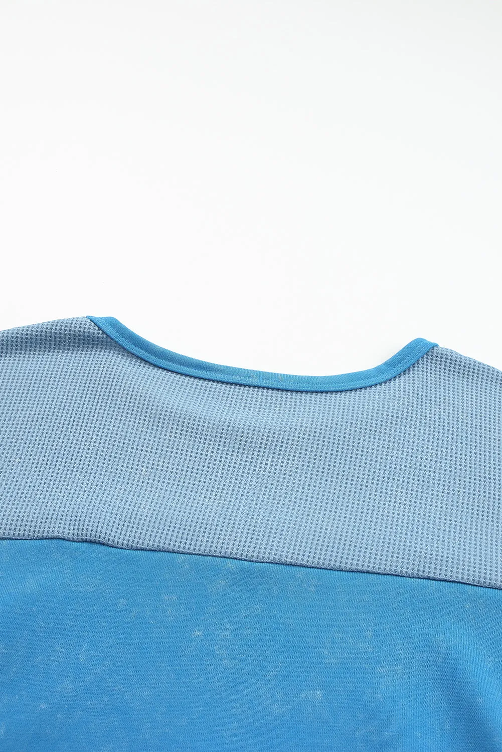Wholesale Sky Blue Plus Size Waffle Knit and Washed Patchwork Drop Shoulder Top
