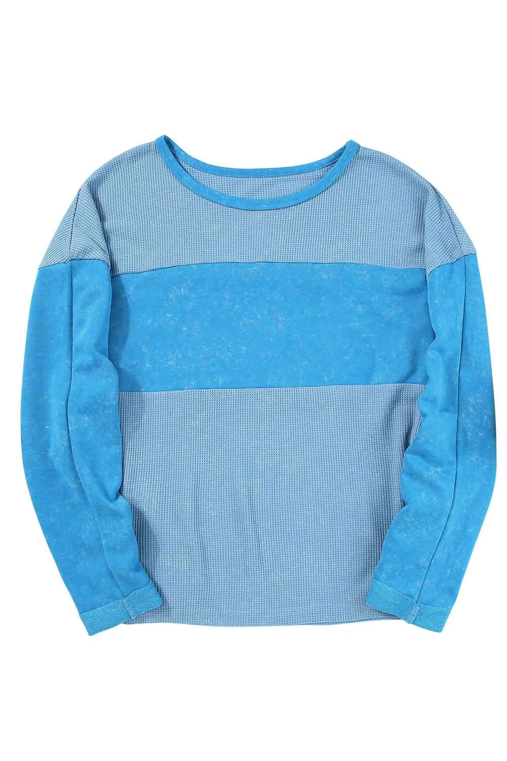 Wholesale Sky Blue Plus Size Waffle Knit and Washed Patchwork Drop Shoulder Top