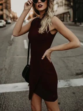 Wine Red Sleeveless Asymmetric Hemline Mini Dress