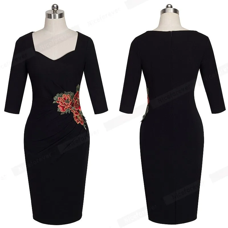 Women Business Dress  Vintage Applique Flower embroidery Wear to Work Dresses Bodycon Office Sheath