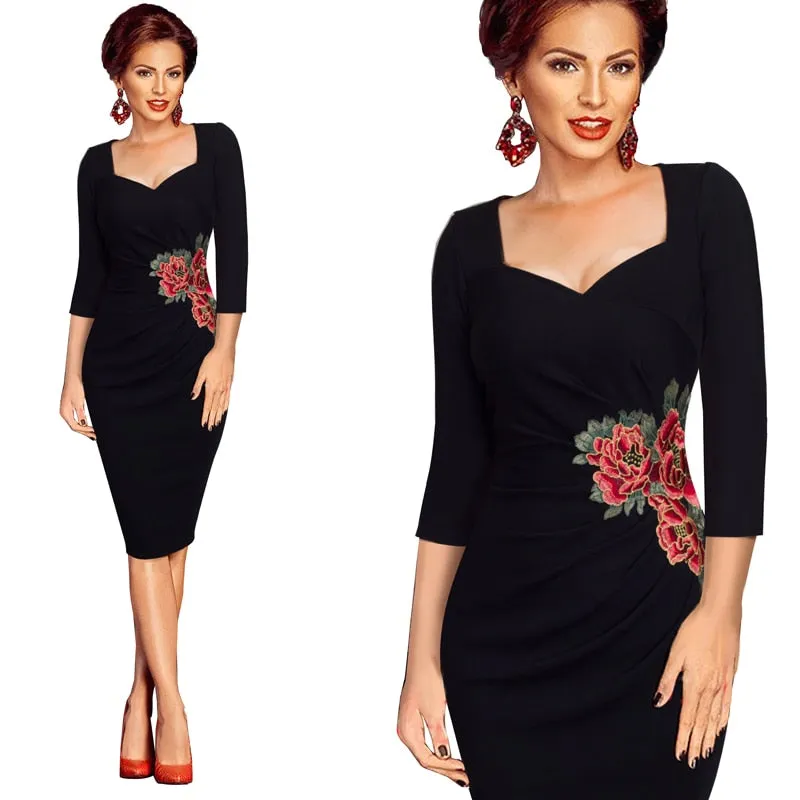 Women Business Dress  Vintage Applique Flower embroidery Wear to Work Dresses Bodycon Office Sheath