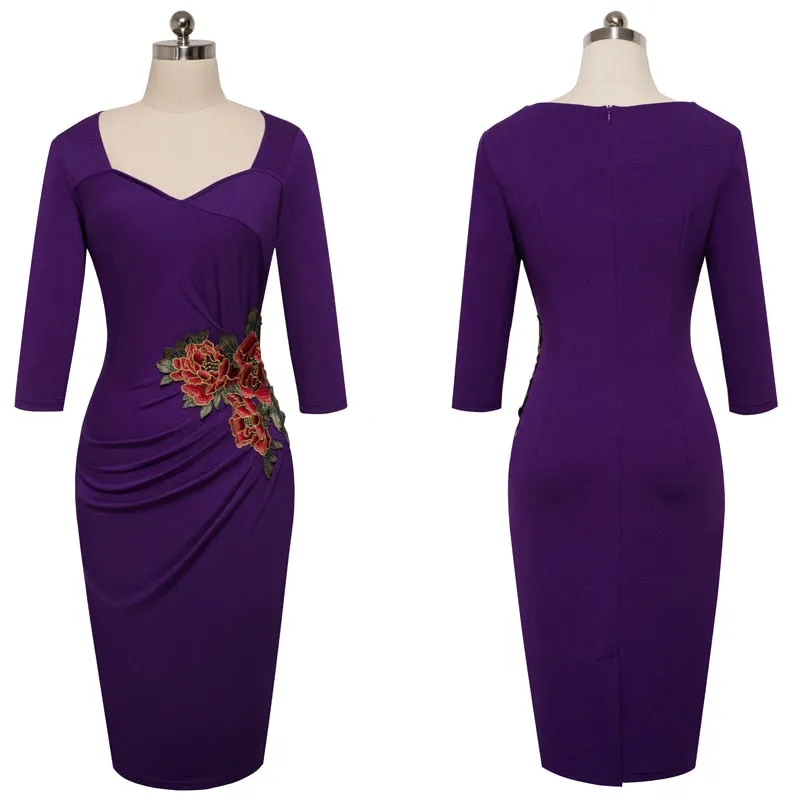 Women Business Dress  Vintage Applique Flower embroidery Wear to Work Dresses Bodycon Office Sheath