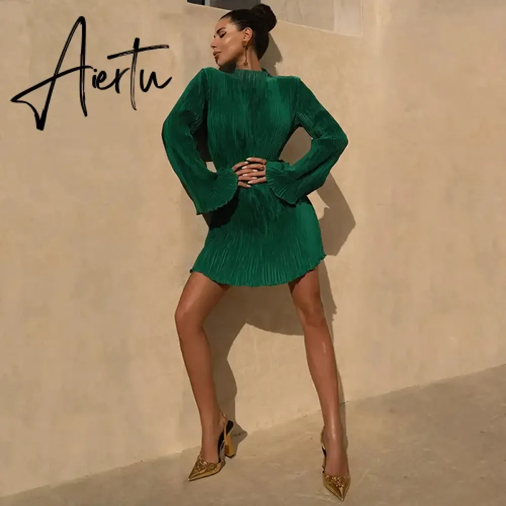 Women Elegant Long Sleeve Streetwear Bodycon Green Fall Mini Dress Christmas Autumn Clothes Wholesale Items For Business