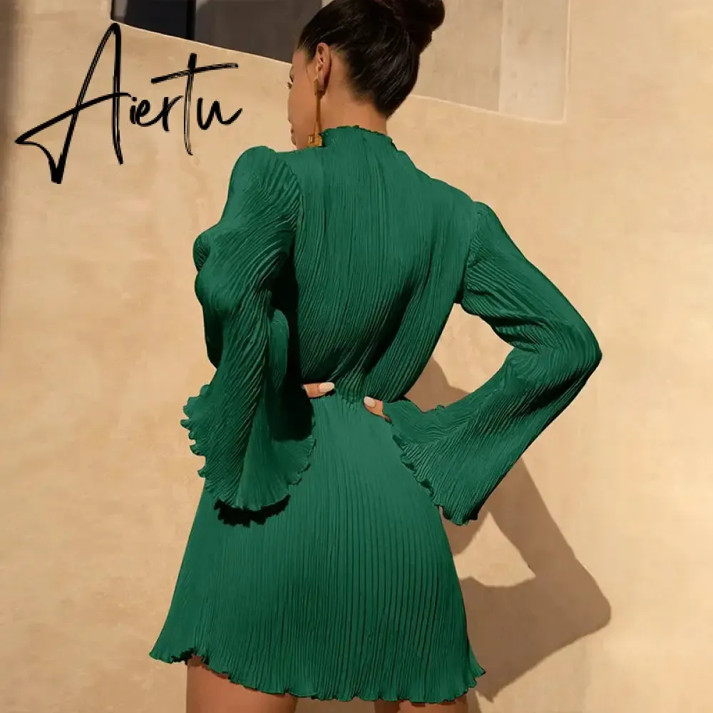 Women Elegant Long Sleeve Streetwear Bodycon Green Fall Mini Dress Christmas Autumn Clothes Wholesale Items For Business