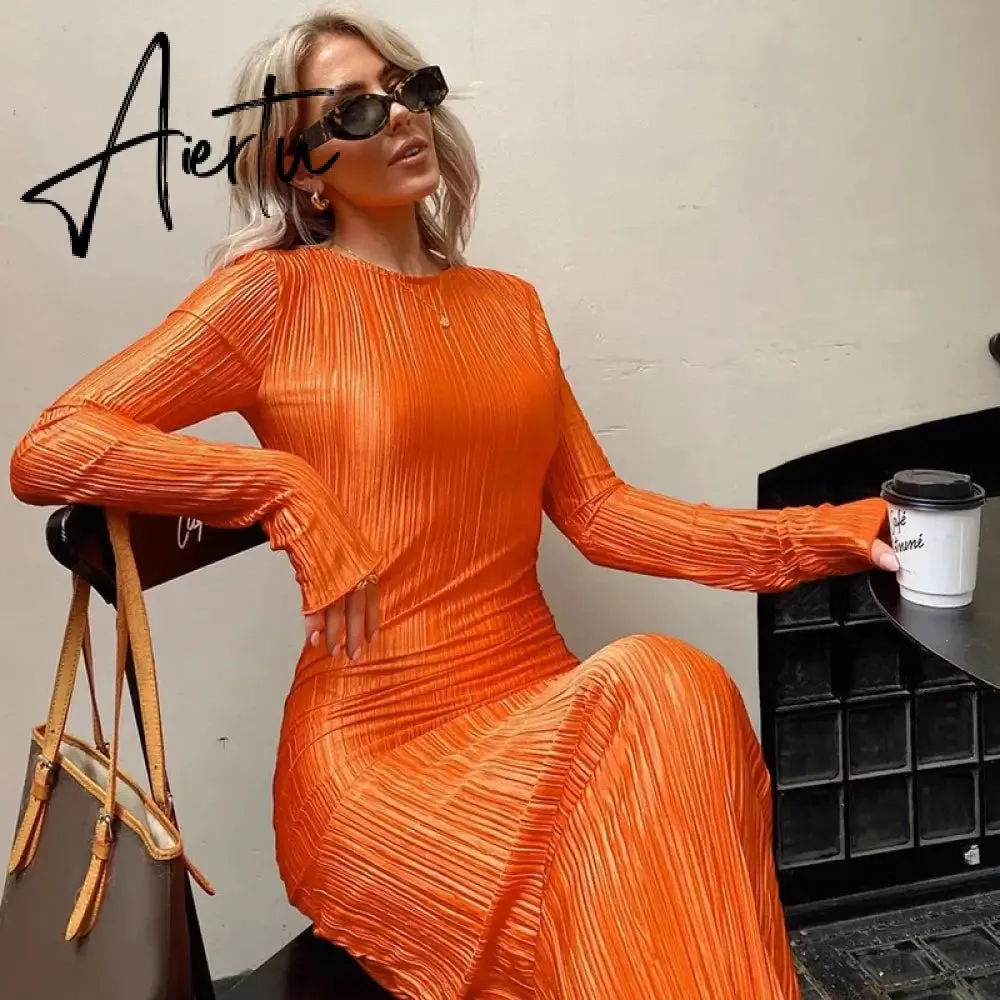 Women Fashion Long Sleeve Streetwear Bodycon Orange Midi Dress  Autumn Clothes Wholesale Items For Business