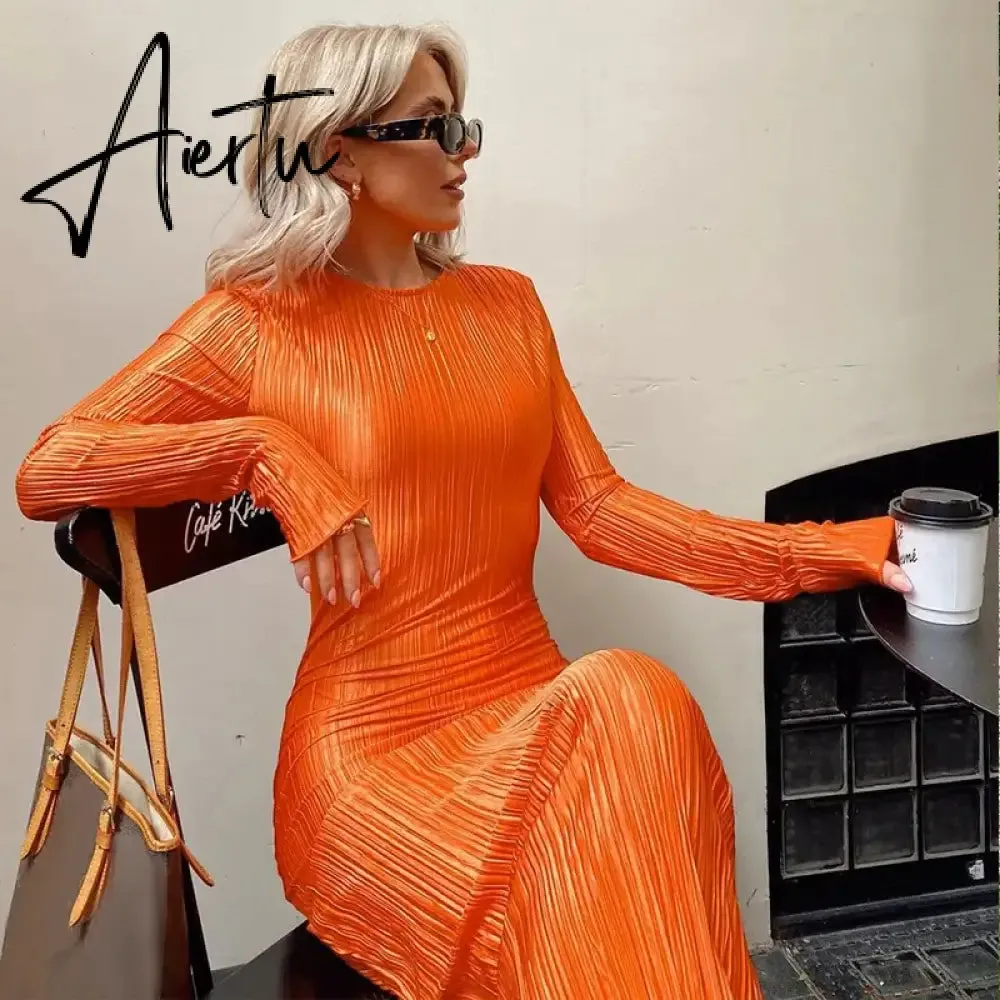 Women Fashion Long Sleeve Streetwear Bodycon Orange Midi Dress  Autumn Clothes Wholesale Items For Business