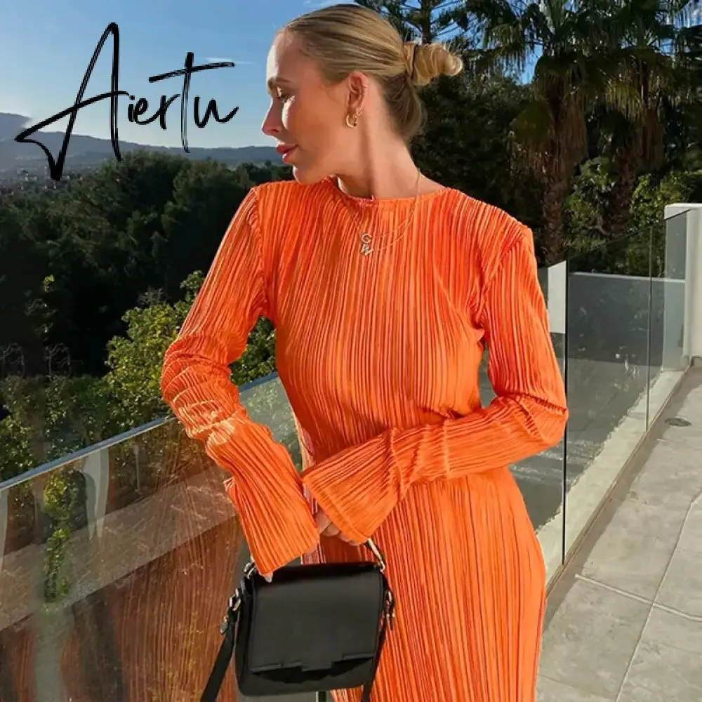 Women Fashion Long Sleeve Streetwear Bodycon Orange Midi Dress  Autumn Clothes Wholesale Items For Business