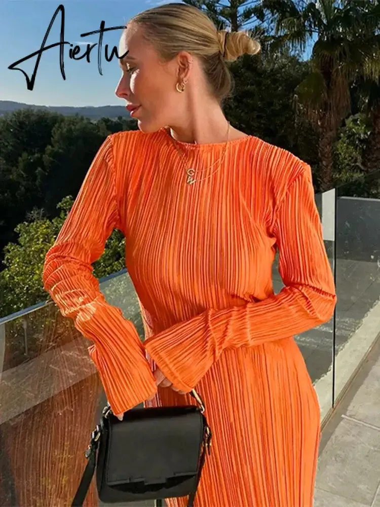 Women Fashion Long Sleeve Streetwear Bodycon Orange Midi Dress  Autumn Clothes Wholesale Items For Business