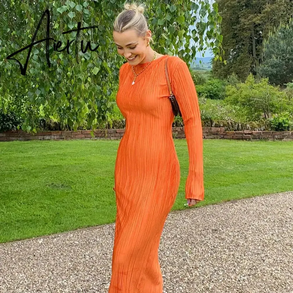 Women Fashion Long Sleeve Streetwear Bodycon Orange Midi Dress  Autumn Clothes Wholesale Items For Business