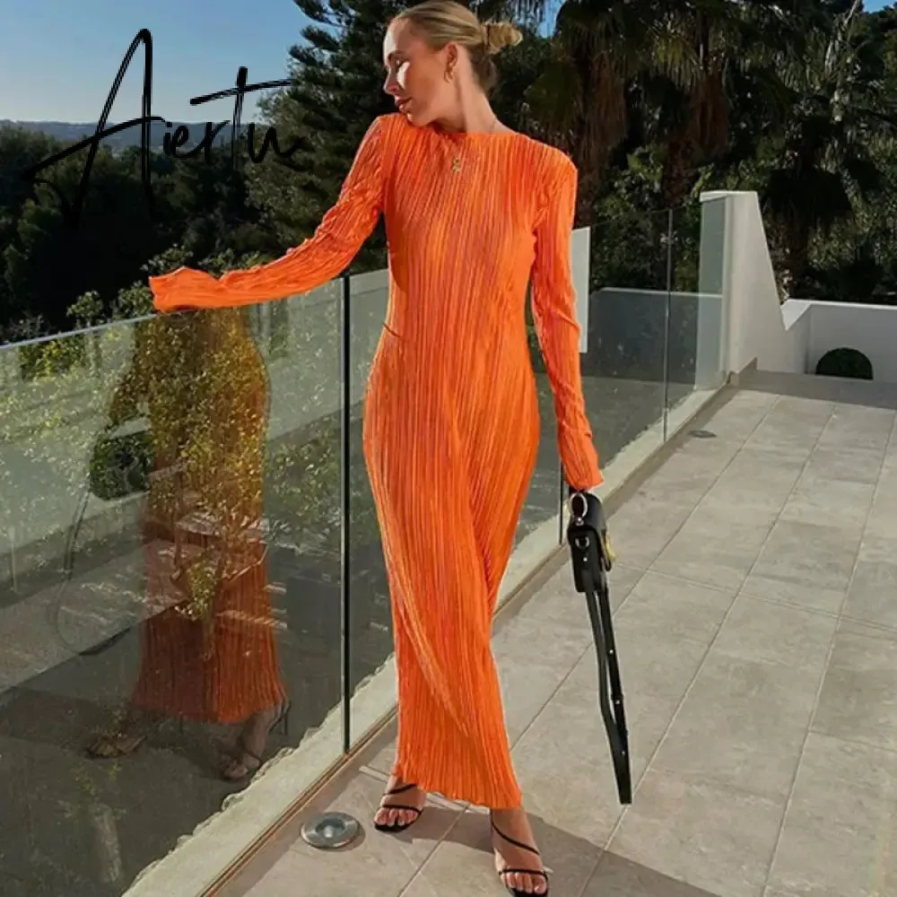 Women Fashion Long Sleeve Streetwear Bodycon Orange Midi Dress  Autumn Clothes Wholesale Items For Business