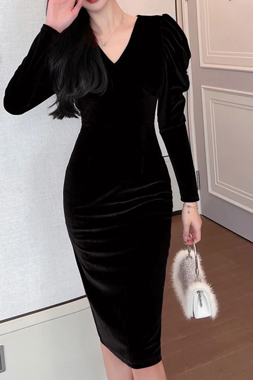 Women High-End Velvet Puff Sleeves Slim Mid-Length Skirt Dress-WD120946
