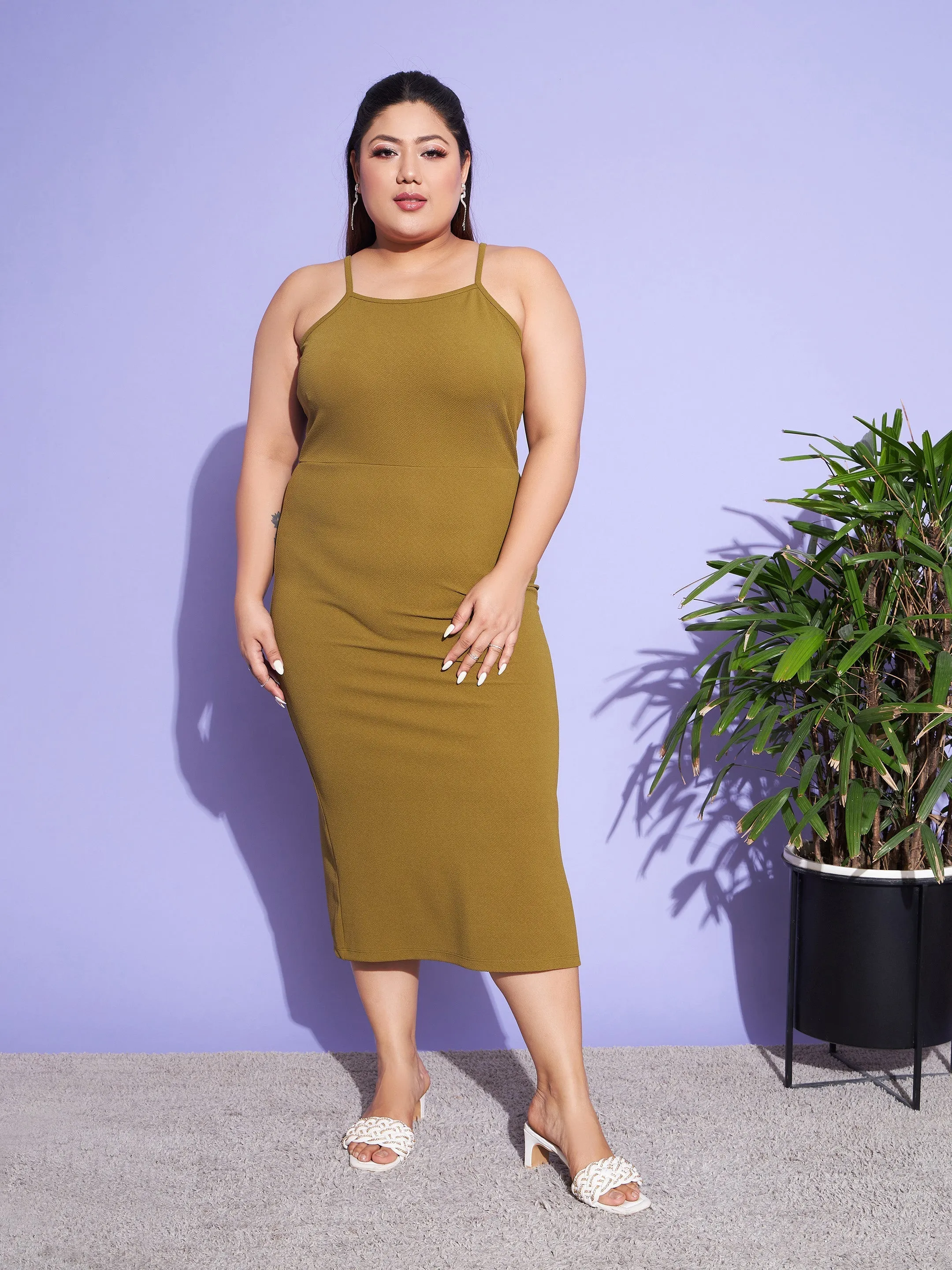 Women Olive Solid Strappy Dress With Shrug