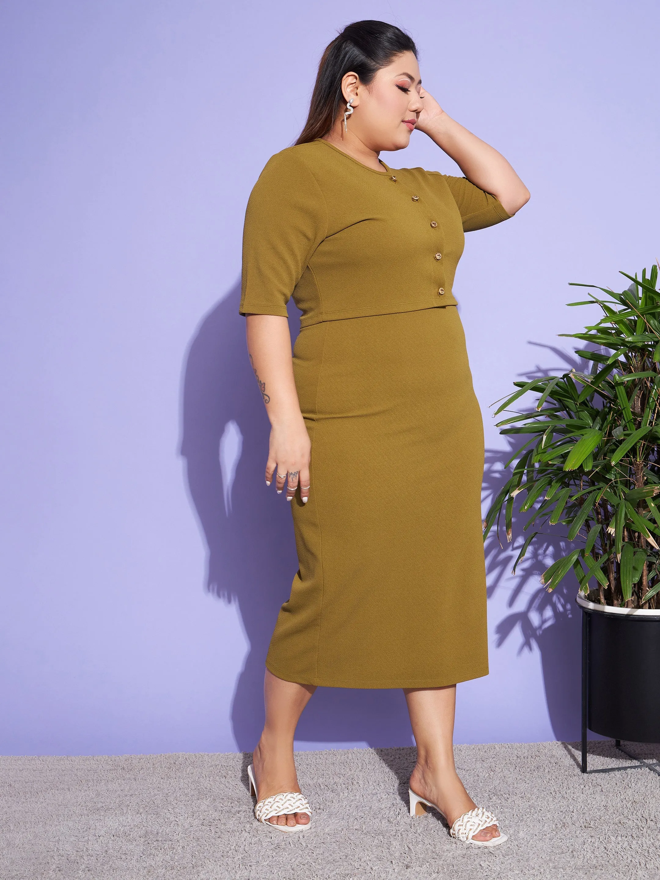 Women Olive Solid Strappy Dress With Shrug