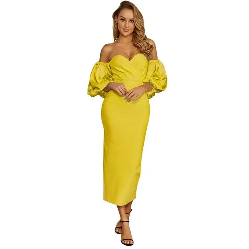 Women Puff The Shoulder Bodycon Knee Length Party Pencil Midi Dress