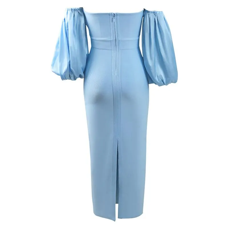 Women Puff The Shoulder Bodycon Knee Length Party Pencil Midi Dress