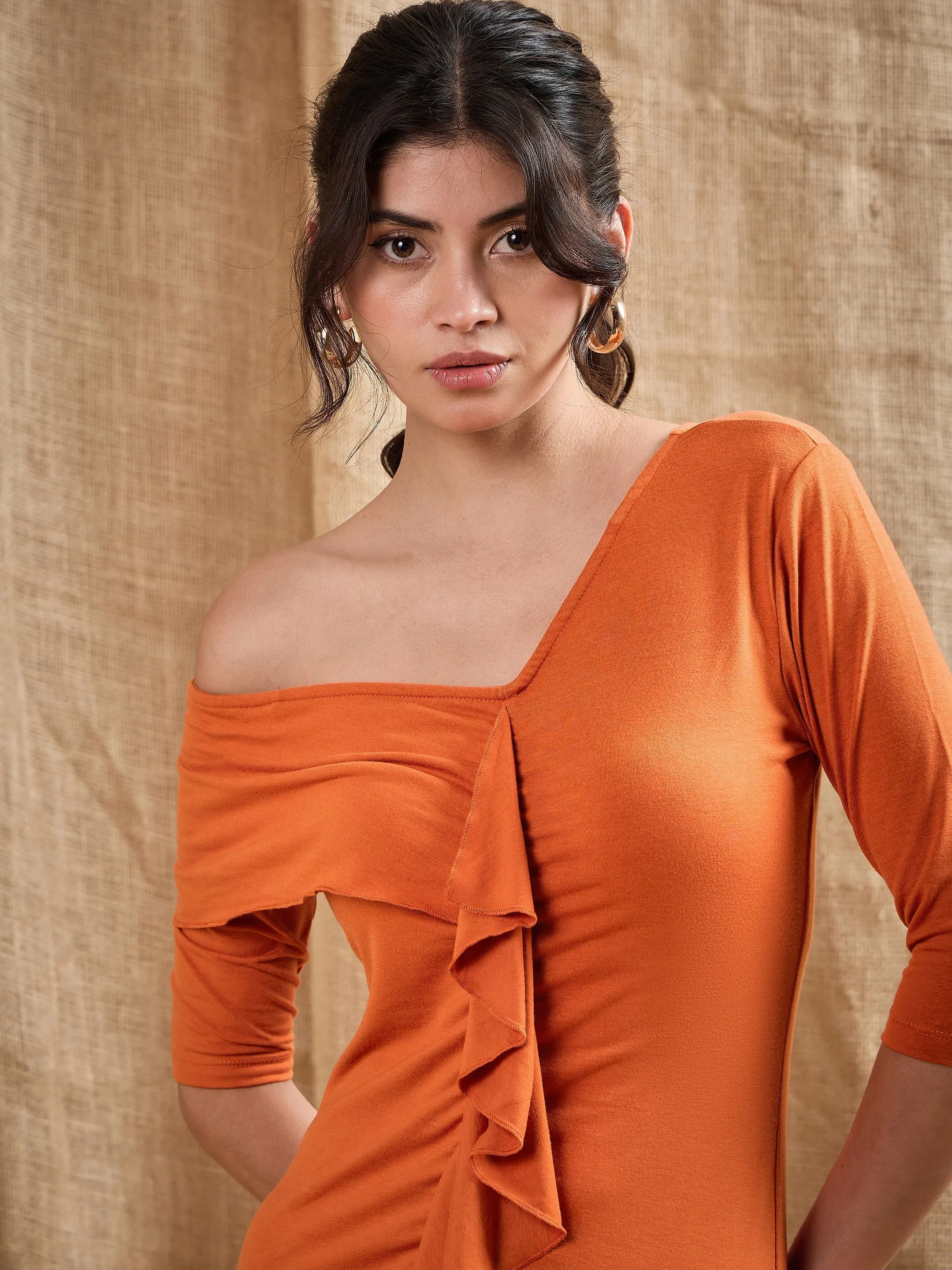 Women Rust Cascade Ruffles Bodycon Dress
