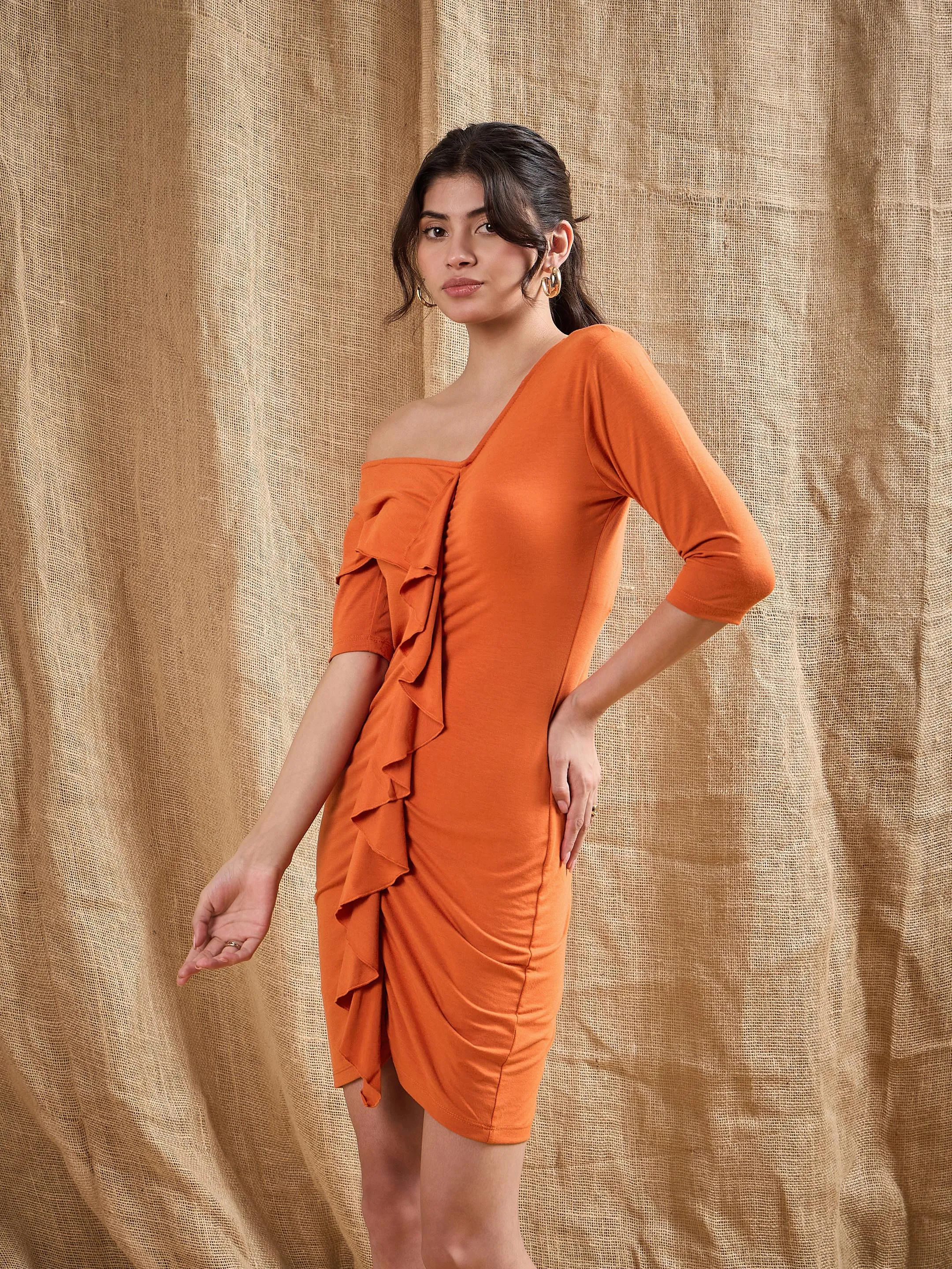 Women Rust Cascade Ruffles Bodycon Dress