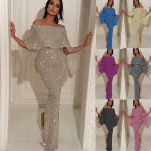 Women Sexy Sequin Ruffle Slim Split Party Dress