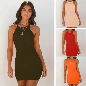 Womens Sexy Ribbed Sleeveless Off-shoulder Halter Mini Bodycon Dress