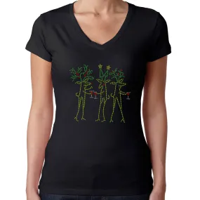 Womens T-Shirt Rhinestone Bling Black Fitted Tee Christmas Drinking Reindeer