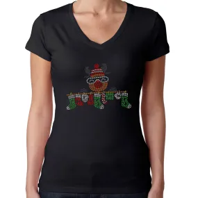 Womens T-Shirt Rhinestone Bling Black Fitted Tee Christmas Reindeer Stockings