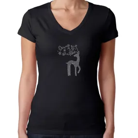 Womens T-Shirt Rhinestone Bling Black Fitted Tee Christmas Stag Reindeer