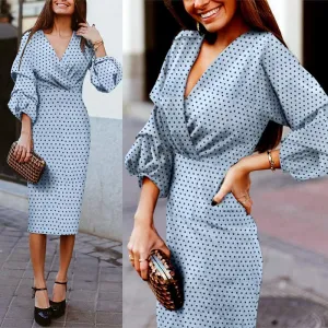 Women's V-Neck Dot Puff Sleeve Elegant Slim Dress