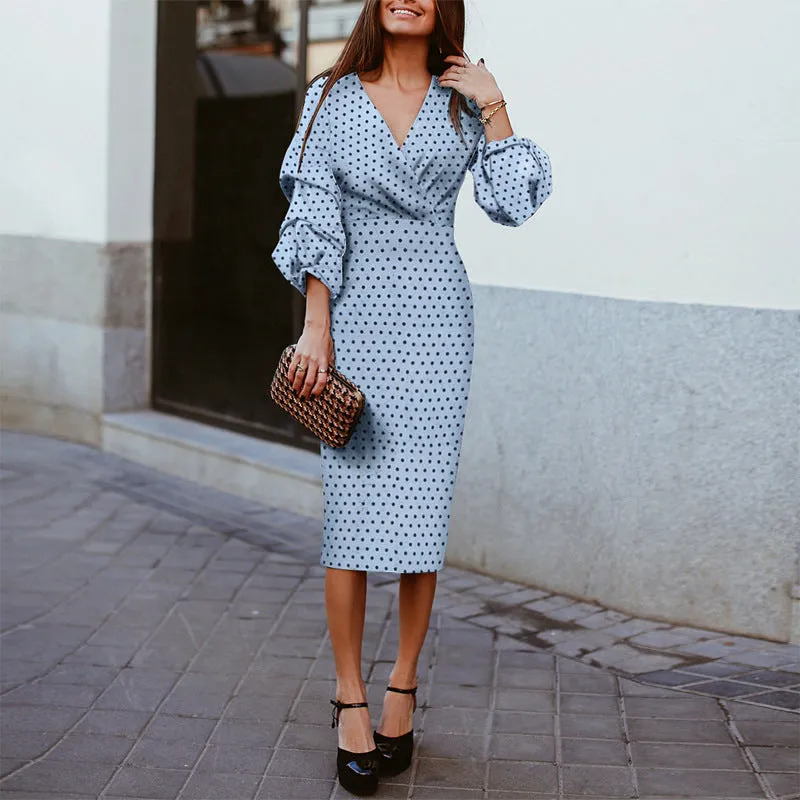Women's V-Neck Dot Puff Sleeve Elegant Slim Dress