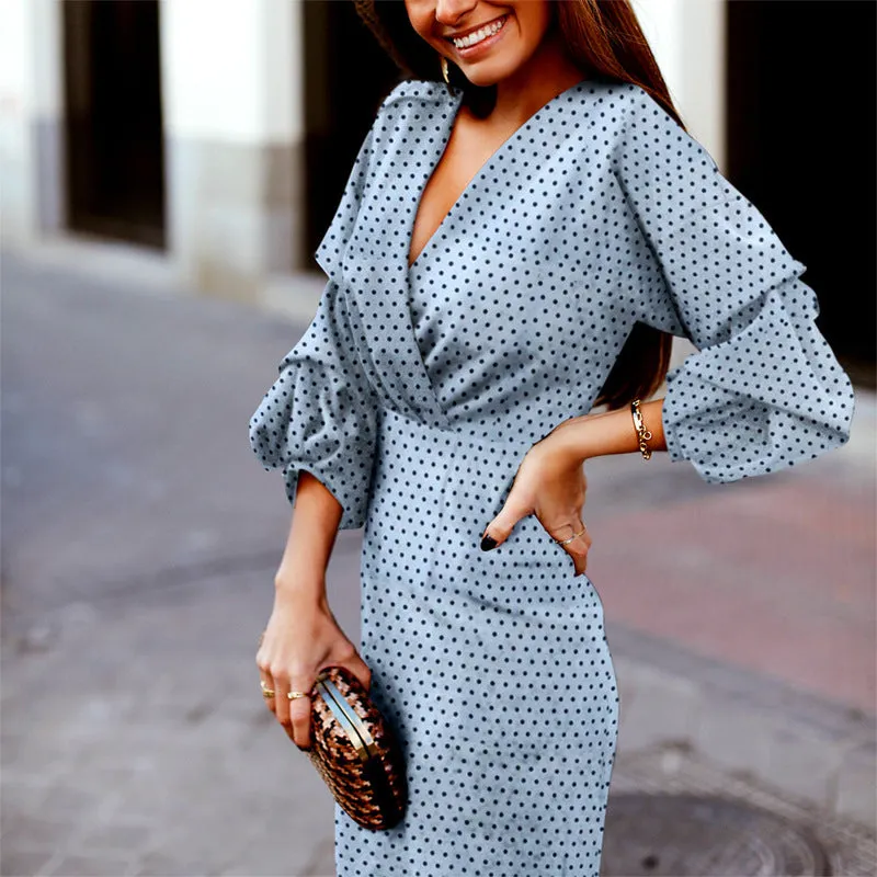 Women's V-Neck Dot Puff Sleeve Elegant Slim Dress