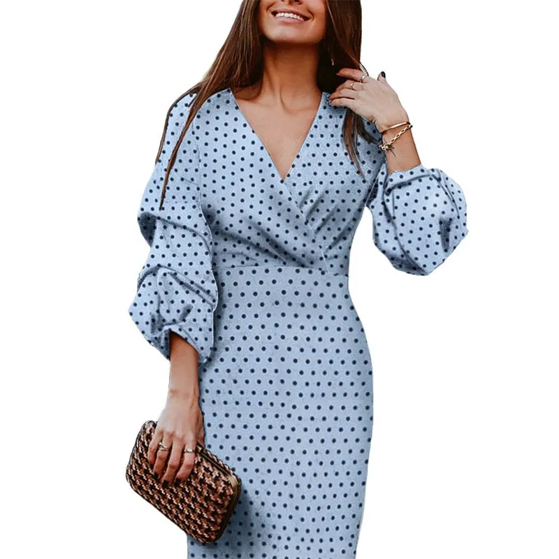 Women's V-Neck Dot Puff Sleeve Elegant Slim Dress