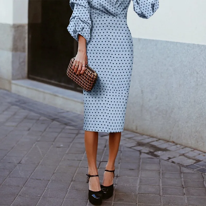 Women's V-Neck Dot Puff Sleeve Elegant Slim Dress