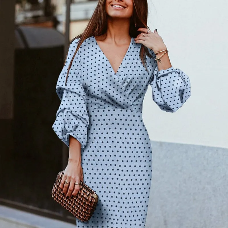 Women's V-Neck Dot Puff Sleeve Elegant Slim Dress