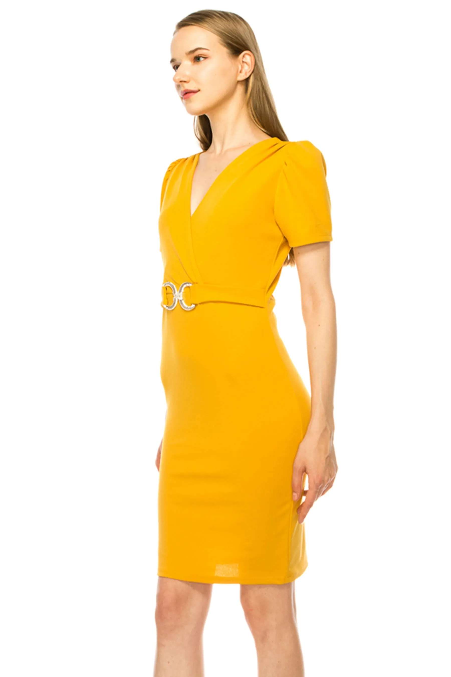 Women's V-neck Sheath Dress with Buckle Accent and Puff Sleeves - Elegant Office to Even
