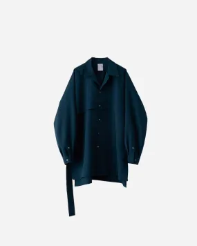 WOOL GABARDINE BELTED OPEN COLLAR SHIRT .05【S.BLUE】